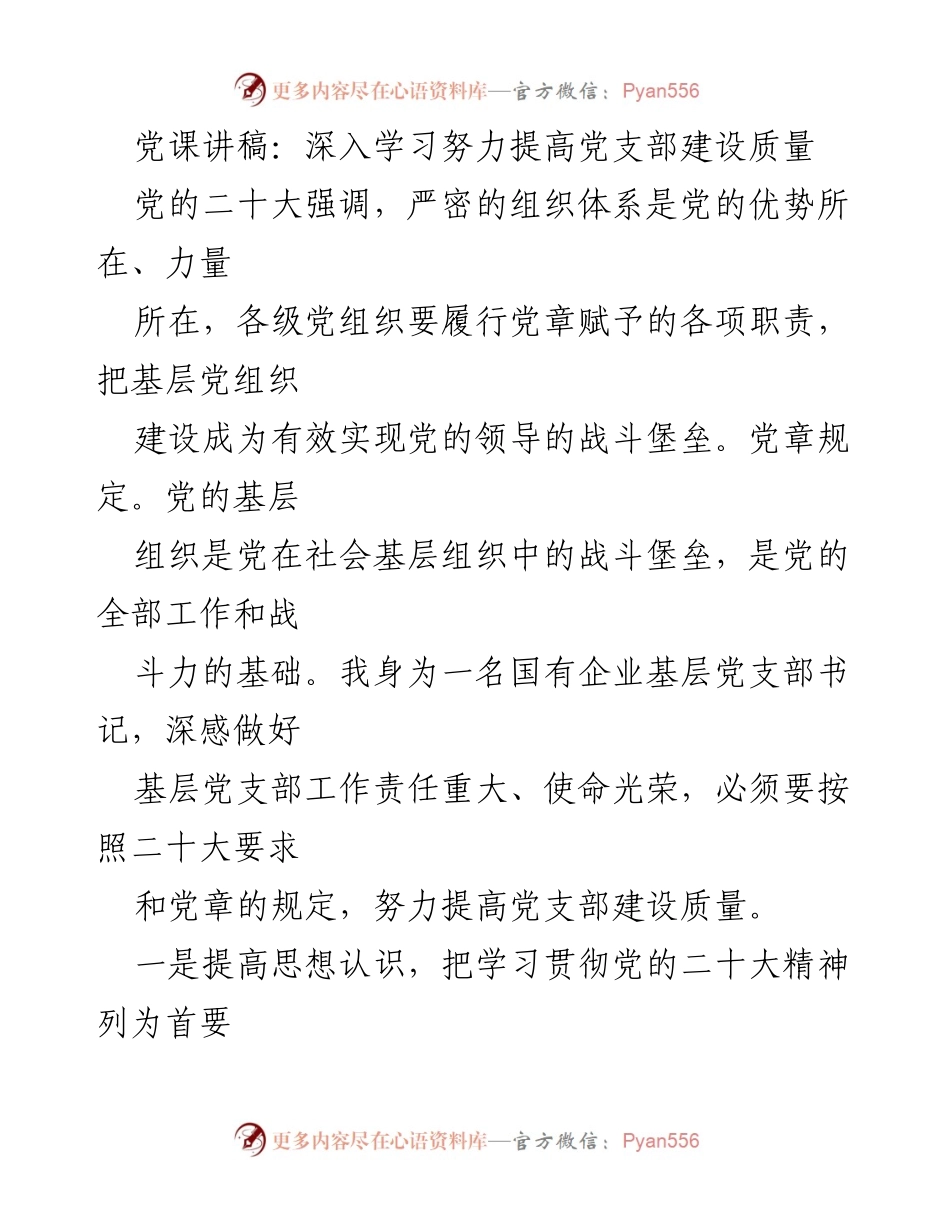 [发言] 党课 - 深入学习提升党支部建设质量.docx_第1页