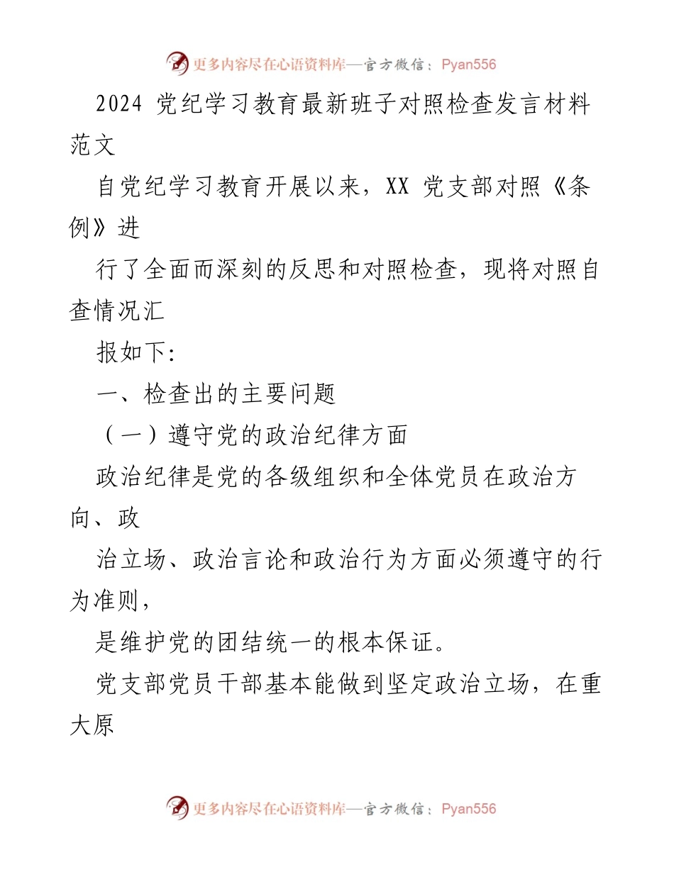 [发言] 党纪学习教育会议 - 2024年党支部班子对照检查发言材料总结.docx_第1页