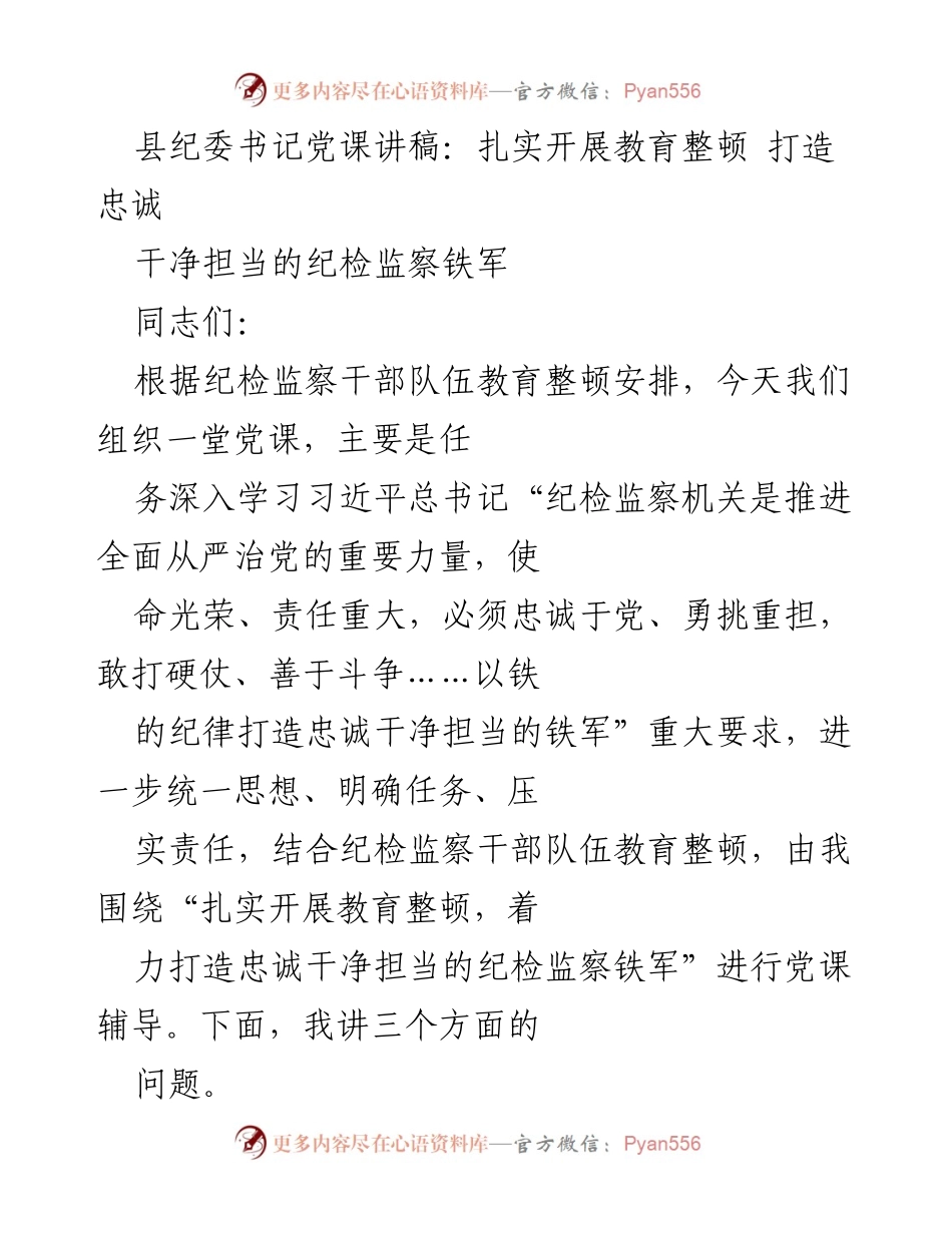 [发言] 党课 - 扎实开展教育整顿，打造忠诚干净担当的纪检监察铁军_5.docx_第1页