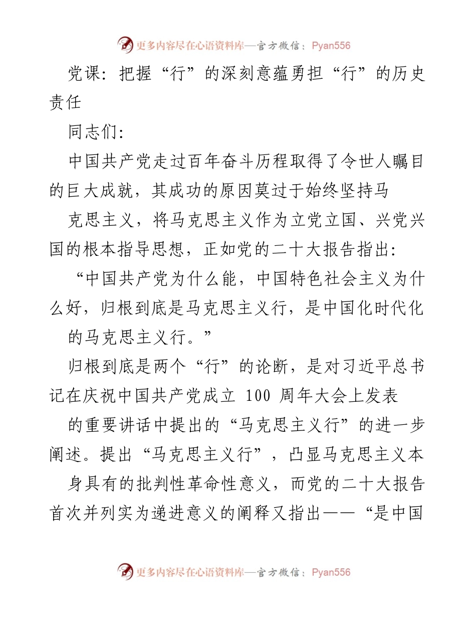 [发言] 党课 - 深刻理解“行”的意蕴与历史责任.docx_第1页