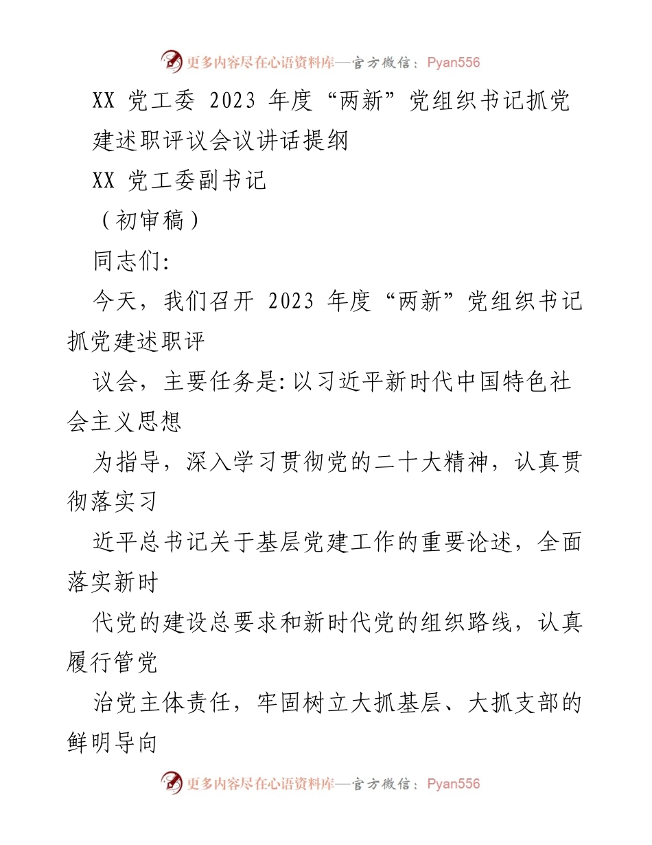 [发言] 党组织书记抓党建述职评议会议 - 2023年度“两新”党组织书记抓党建述职评议会议讲话提纲.docx_第1页