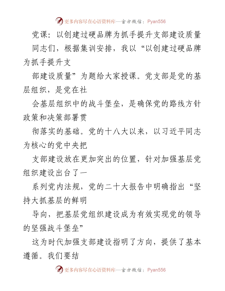 [发言] 党课 - 提升支部建设质量的有效途径：创建过硬品牌.docx_第1页