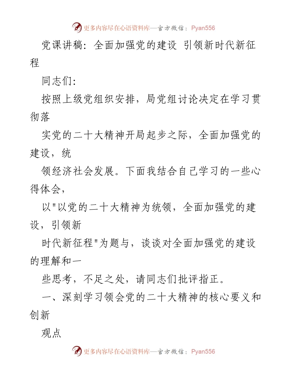 [发言] 党课 - 以党的二十大精神为统领，全面加强党的建设，引领新时代新征程.docx_第1页