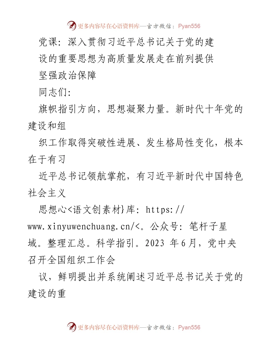 [发言] 党课 - 深入学习习近平总书记关于党的建设的重要思想，推动高质量发展.docx_第1页