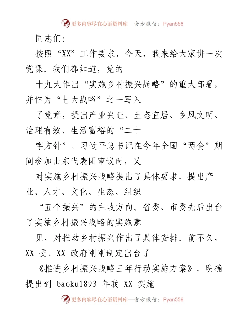 [发言] 党课 - 理解与实施乡村振兴战略的重要性.docx_第1页