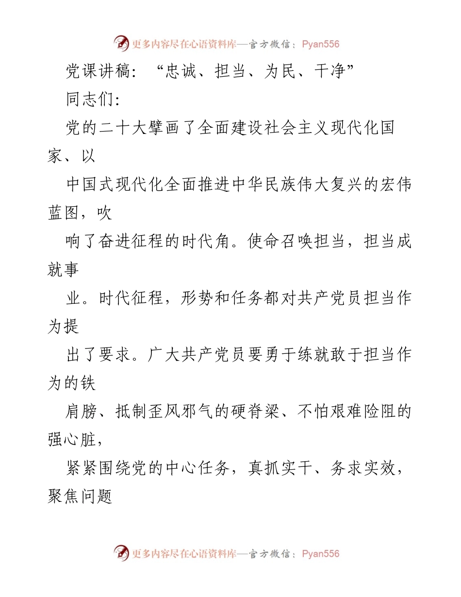 [发言] 党课 - 忠诚、担当、为民、干净：新时代共产党员的使命与责任.docx_第1页