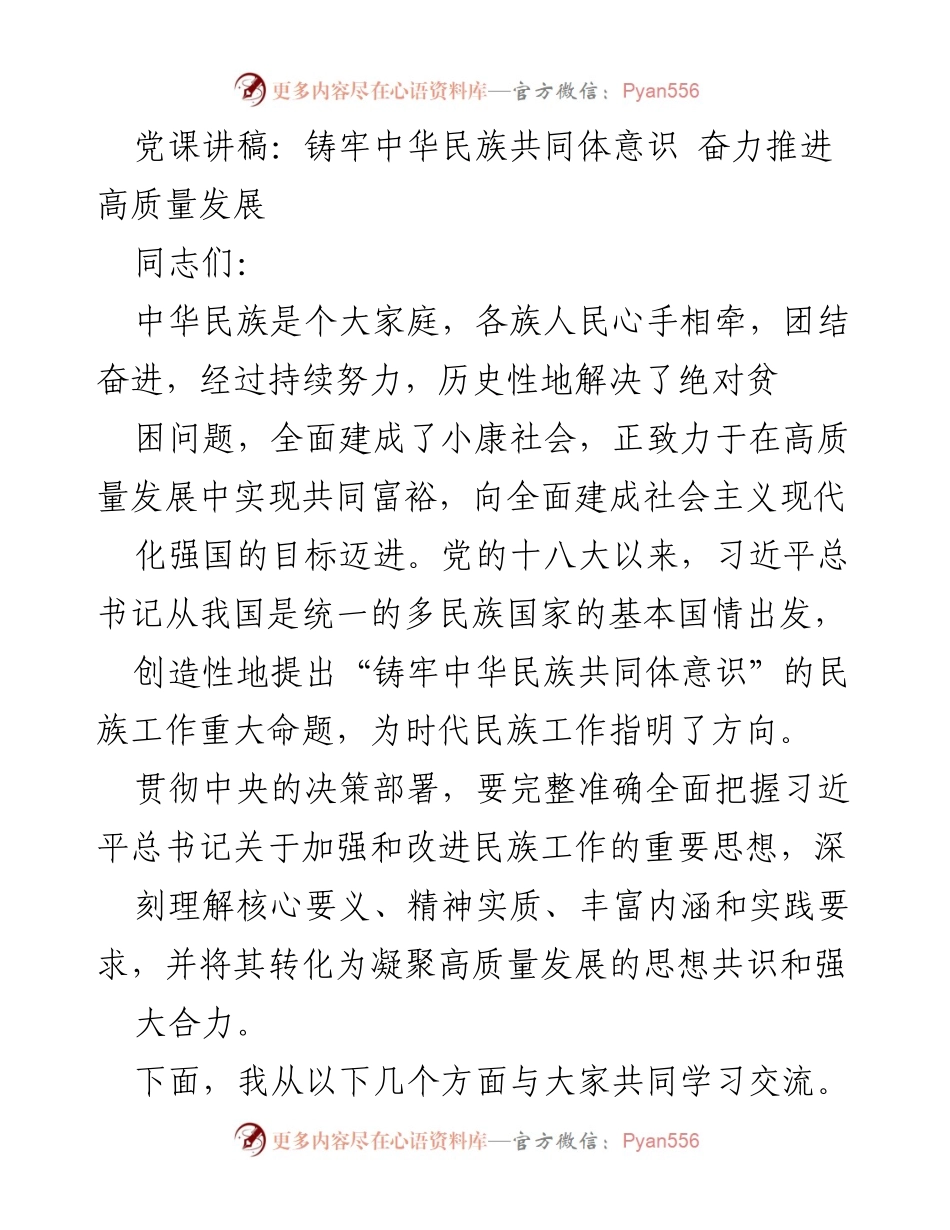 [发言] 党课 - 铸牢中华民族共同体意识，推动高质量发展.docx_第1页