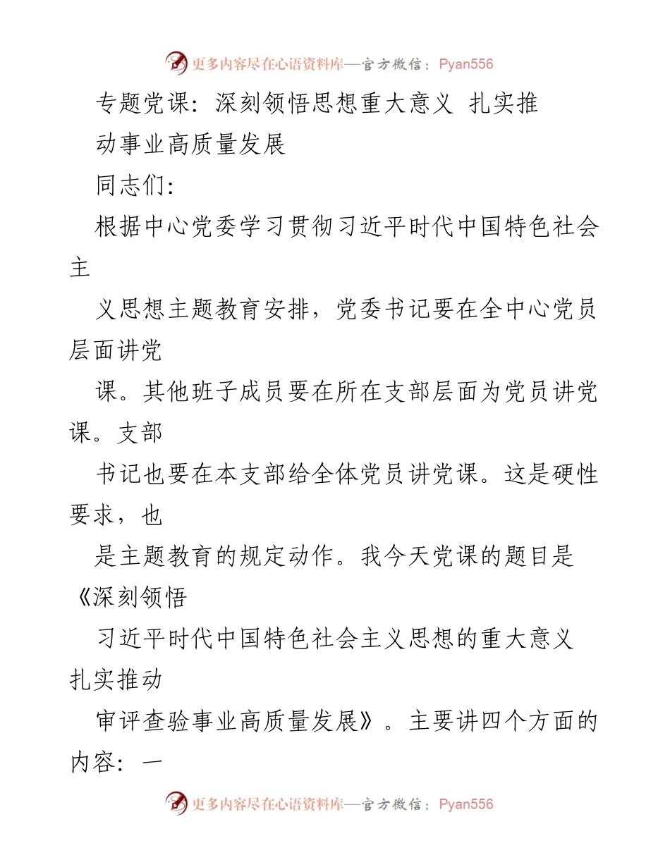 [发言] 党课 - 深刻领悟习近平时代中国特色社会主义思想的重大意义与高质量发展推动.docx_第1页
