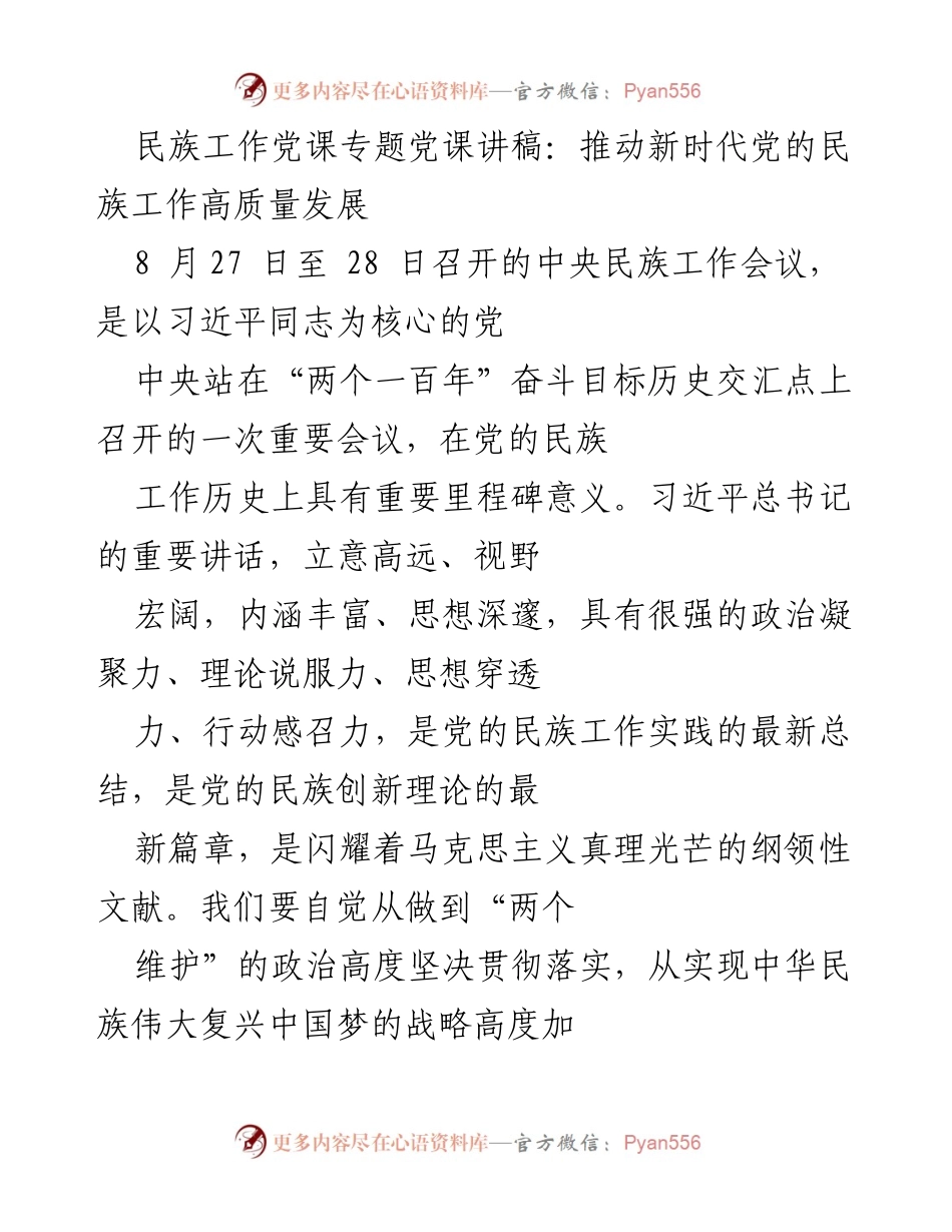 [发言] 党课 - 深刻领会新时代党的民族工作新思想.docx_第1页