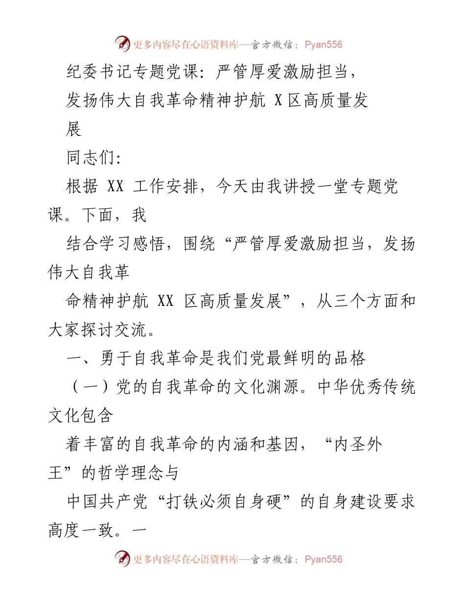 [发言] 党课 - 严管厚爱激励担当，发扬自我革命精神护航高质量发展.docx_第1页