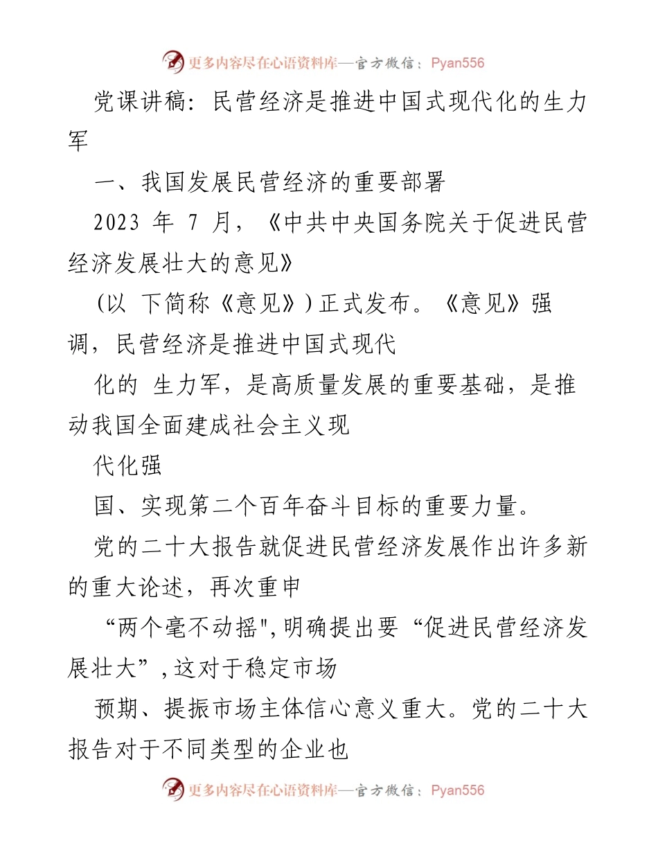 [发言] 党课 - 民营经济：推动中国式现代化的重要力量.docx_第1页