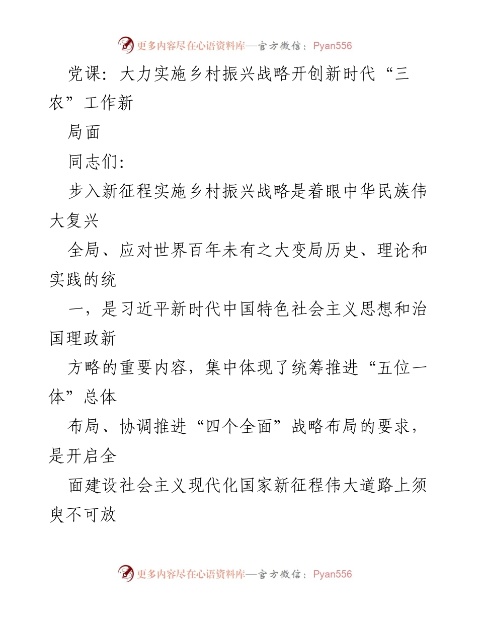 [发言] 党课 - 大力实施乡村振兴战略，推动新时代“三农”工作新局面.docx_第1页