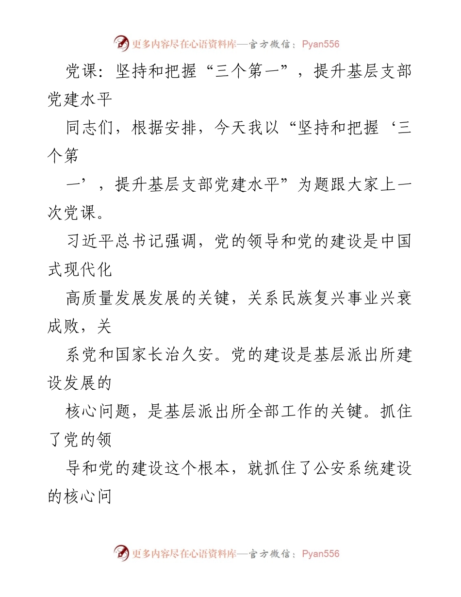 [发言] 党课 - 提升基层党建水平，抓住党的建设核心.docx_第1页