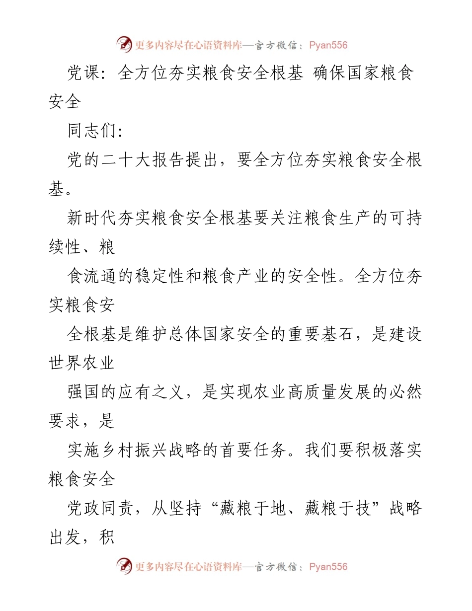 [发言] 党课 - 全方位夯实粮食安全根基，确保国家粮食安全.docx_第1页