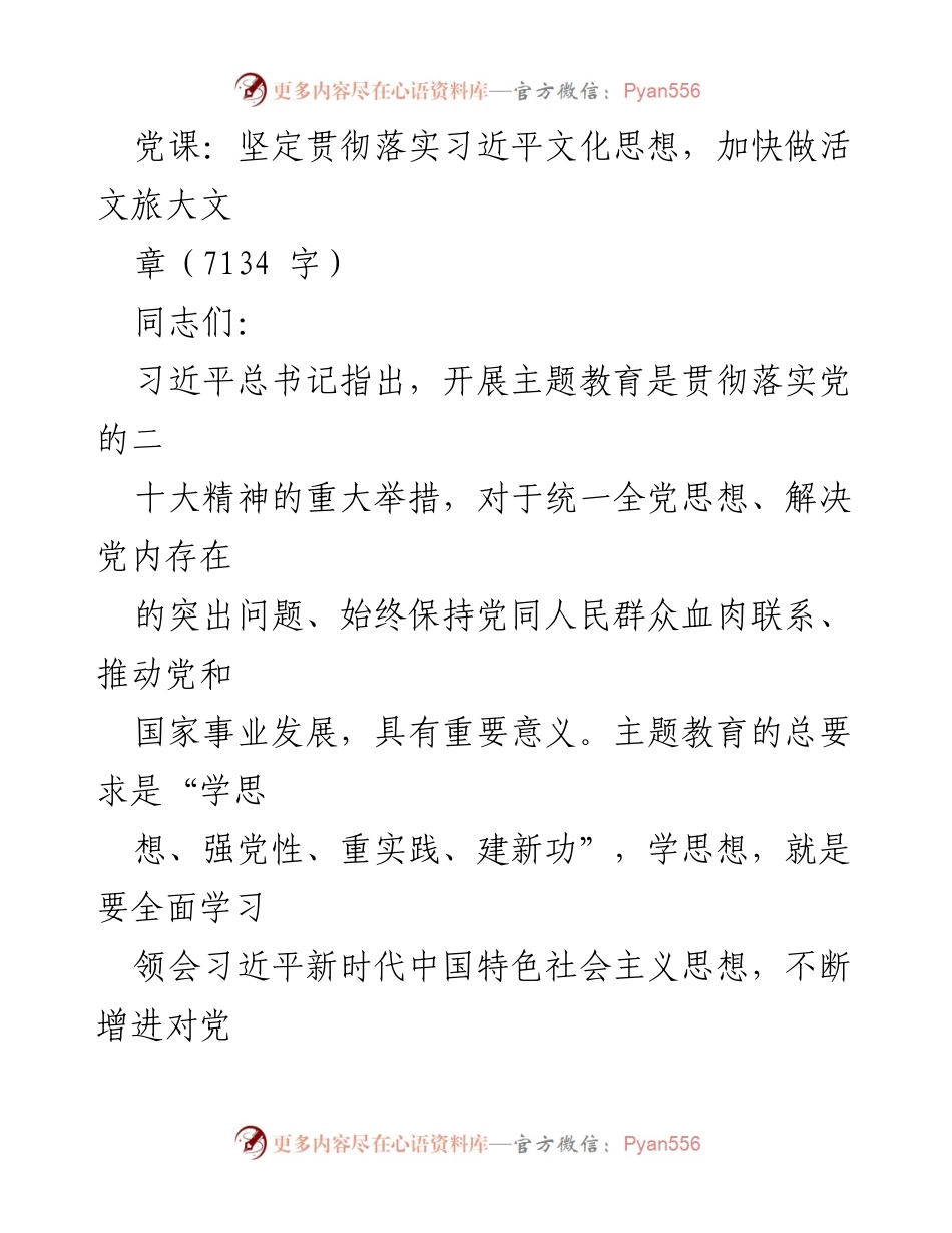[发言] 党课 - 坚定贯彻习近平文化思想，加快文旅发展.docx_第1页