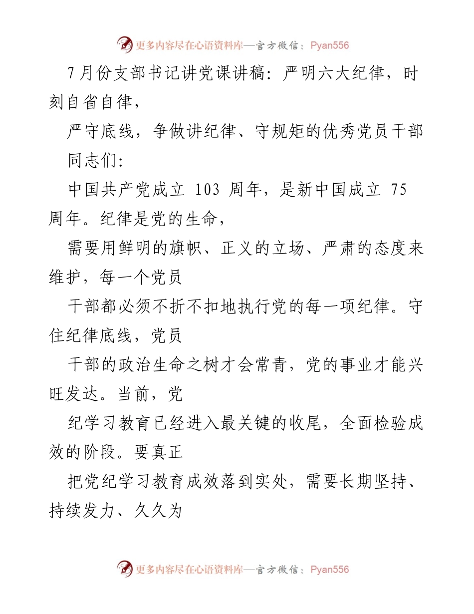 [发言] 党课 - 严守纪律底线，争做优秀党员干部.docx_第1页