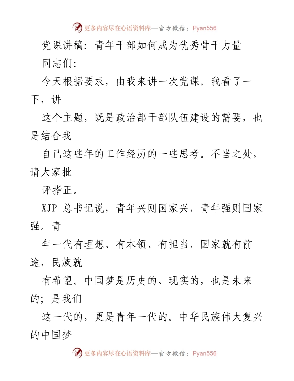 [发言] 党课 - 青年干部如何成为优秀骨干力量_1.docx_第1页
