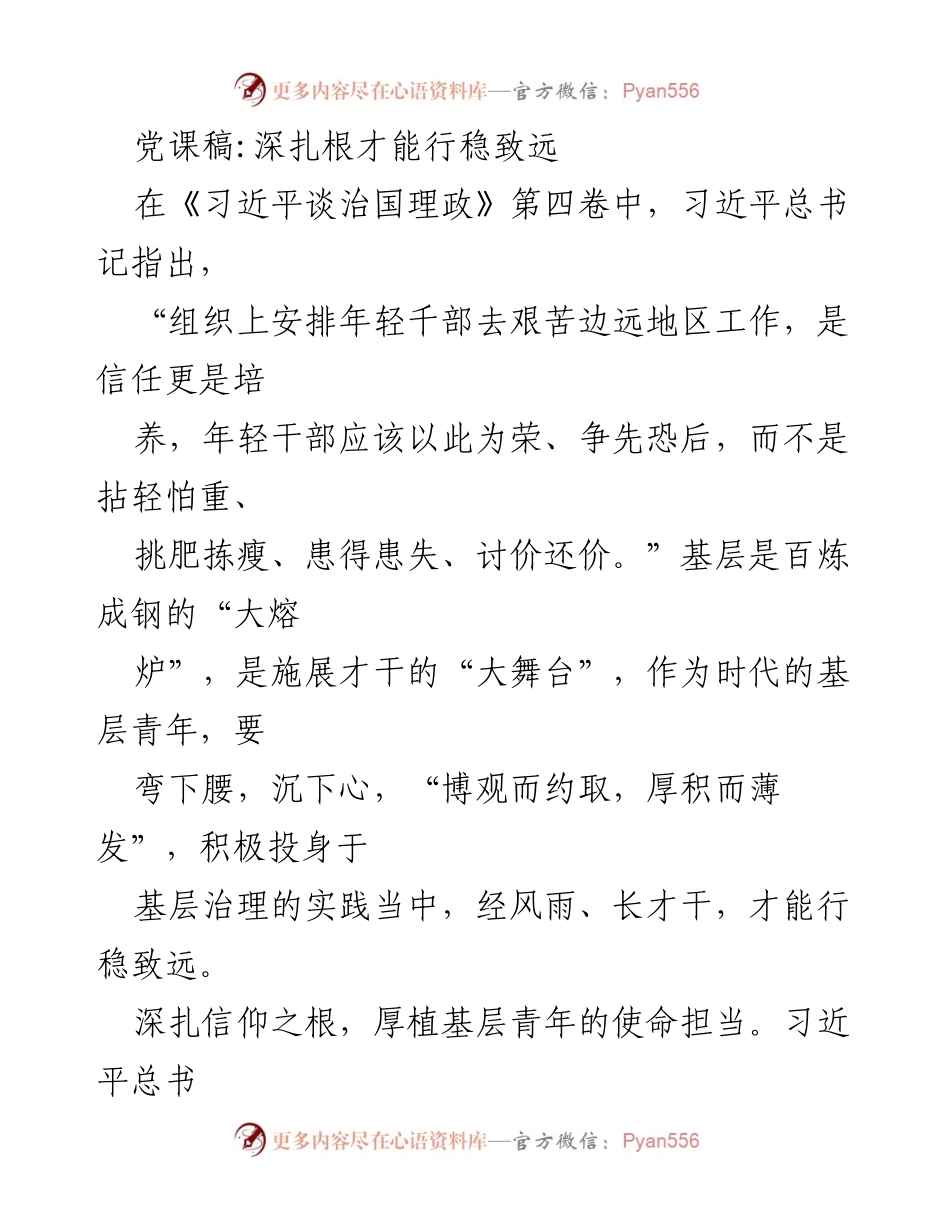[发言] 党课 - 深扎根基，勇担使命：基层青年的责任与担当.docx_第1页