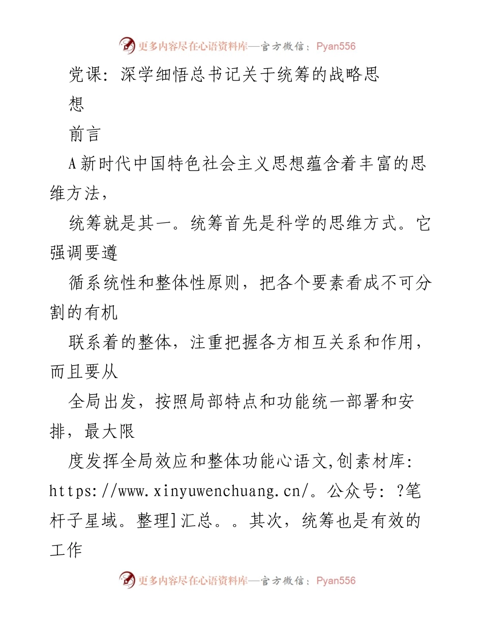 [发言] 党课 - 深入理解总书记统筹战略思想的理论与实践.docx_第1页