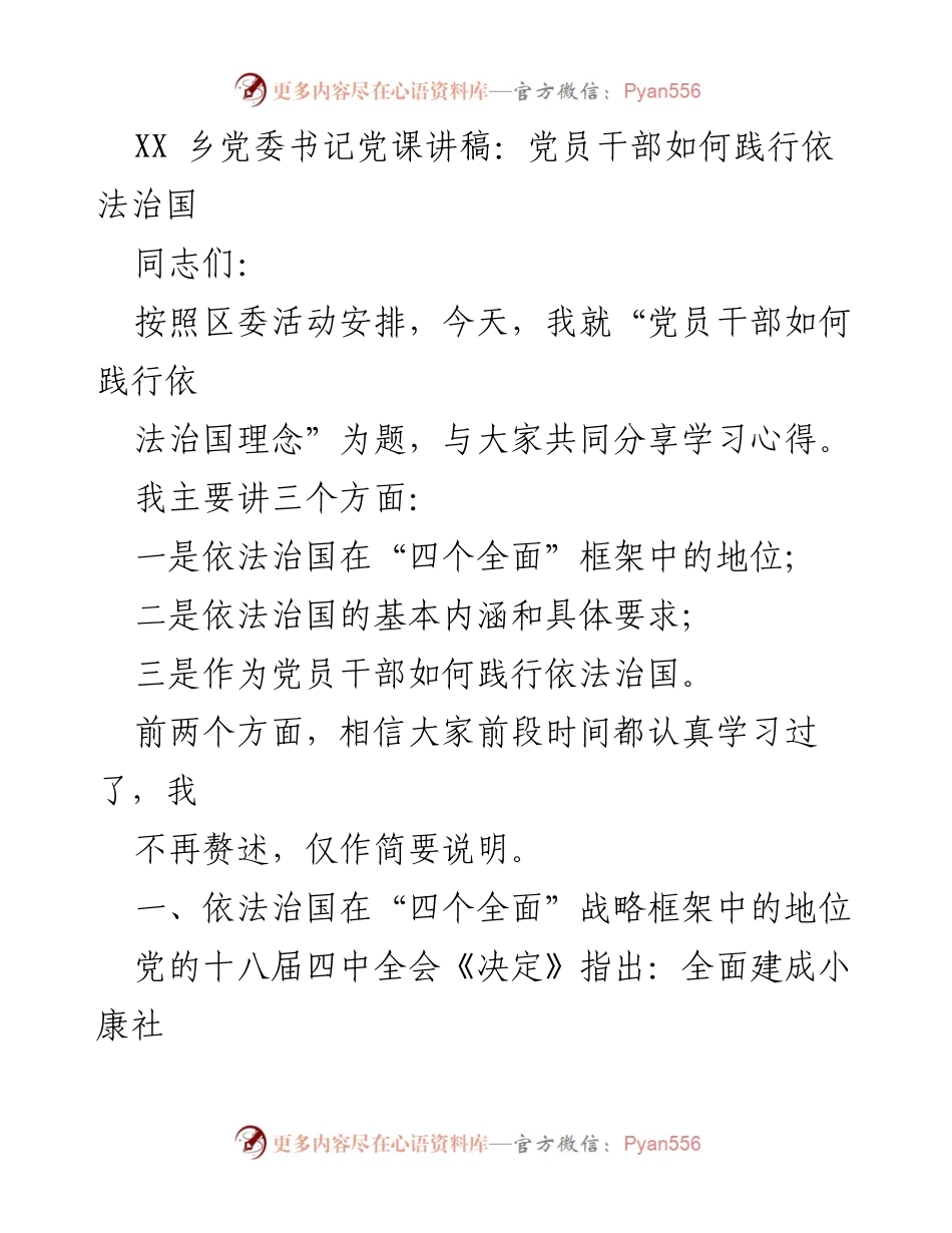 [发言] 党课 - 党员干部践行依法治国的学习与思考.docx_第1页