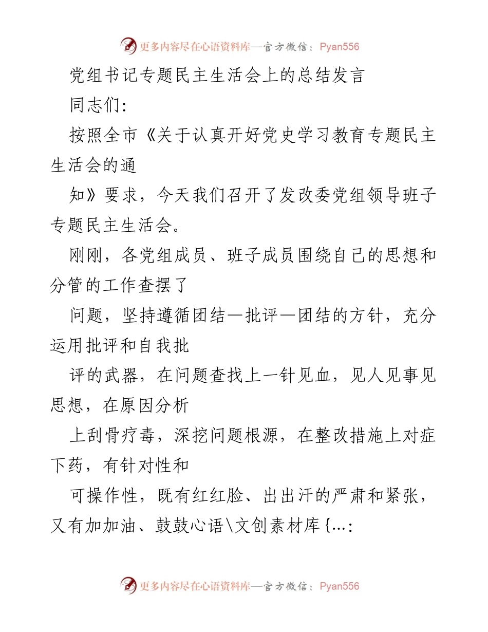 [发言] 党组书记专题民主生活会 - 深化整改落实，推动发改委工作新局面.docx_第1页