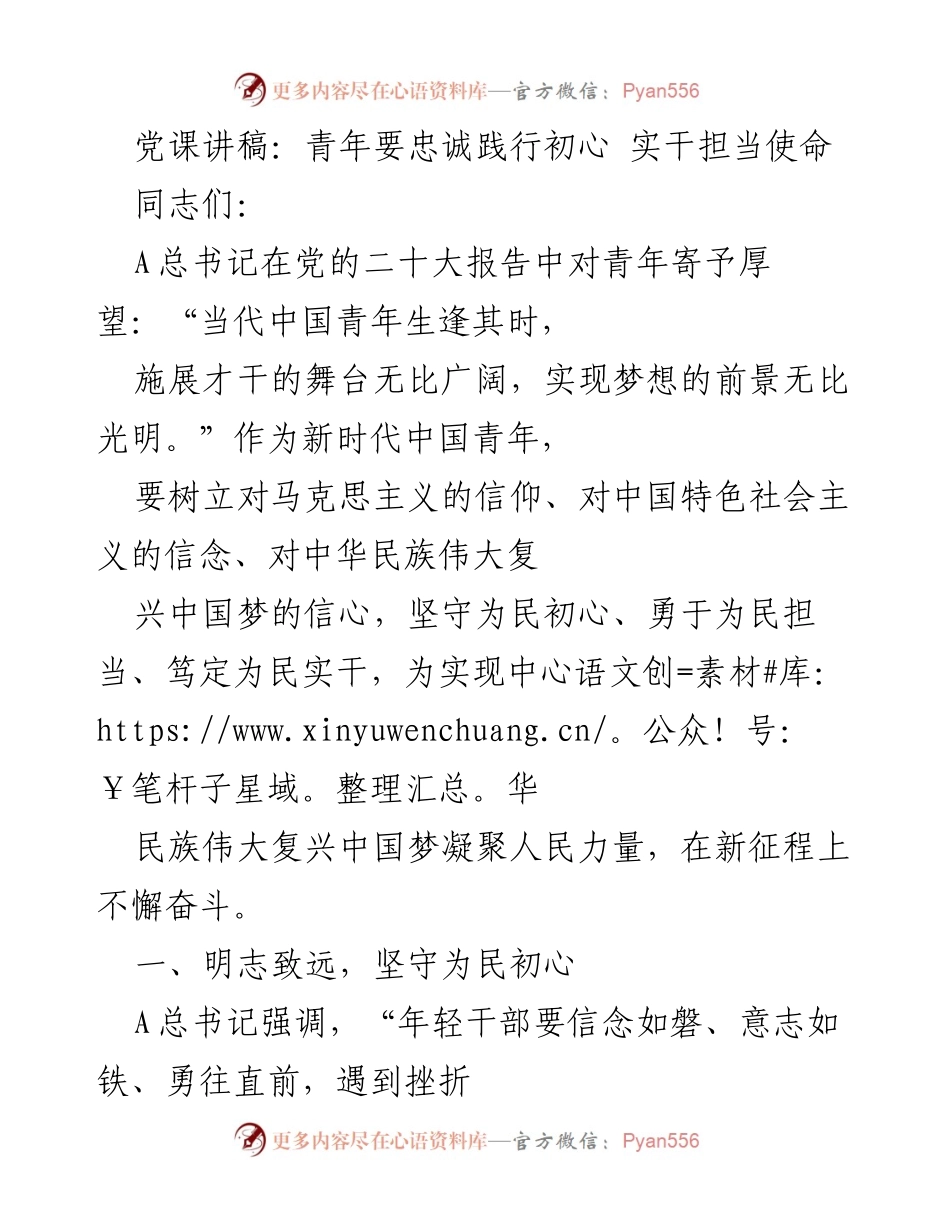 [发言] 党课 - 青年要忠诚践行初心，勇担使命.docx_第1页