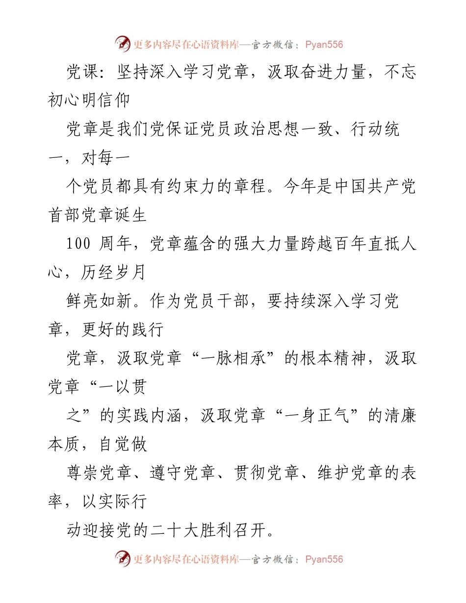 [发言] 党课 - 深入学习党章，汲取奋进力量，不忘初心明信仰.docx_第1页
