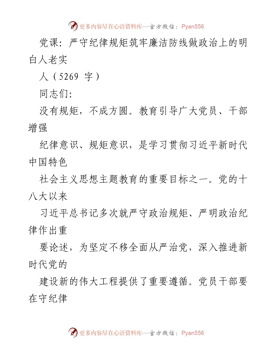 [发言] 党课 - 严守纪律规矩，筑牢廉洁防线，做政治上的明白人.docx_第1页