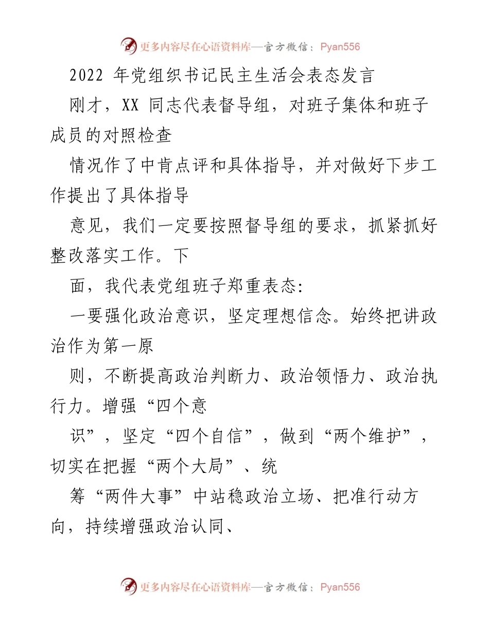 [发言] 党组织书记民主生活会 - 强化政治意识，提升党建责任落实.docx_第1页
