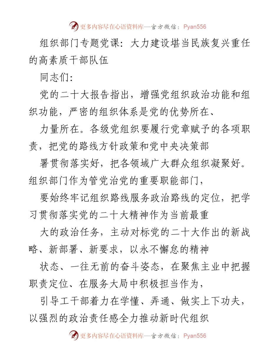 [发言] 党课 - 加强高素质干部队伍建设，推动新时代组织工作高质量发展.docx_第1页