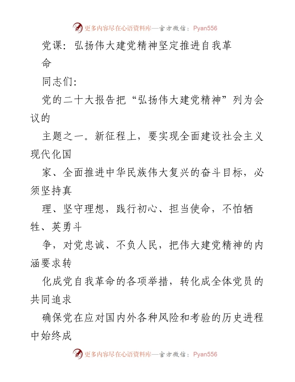 [发言] 党课 - 弘扬伟大建党精神，坚定推进自我革命_1.docx_第1页