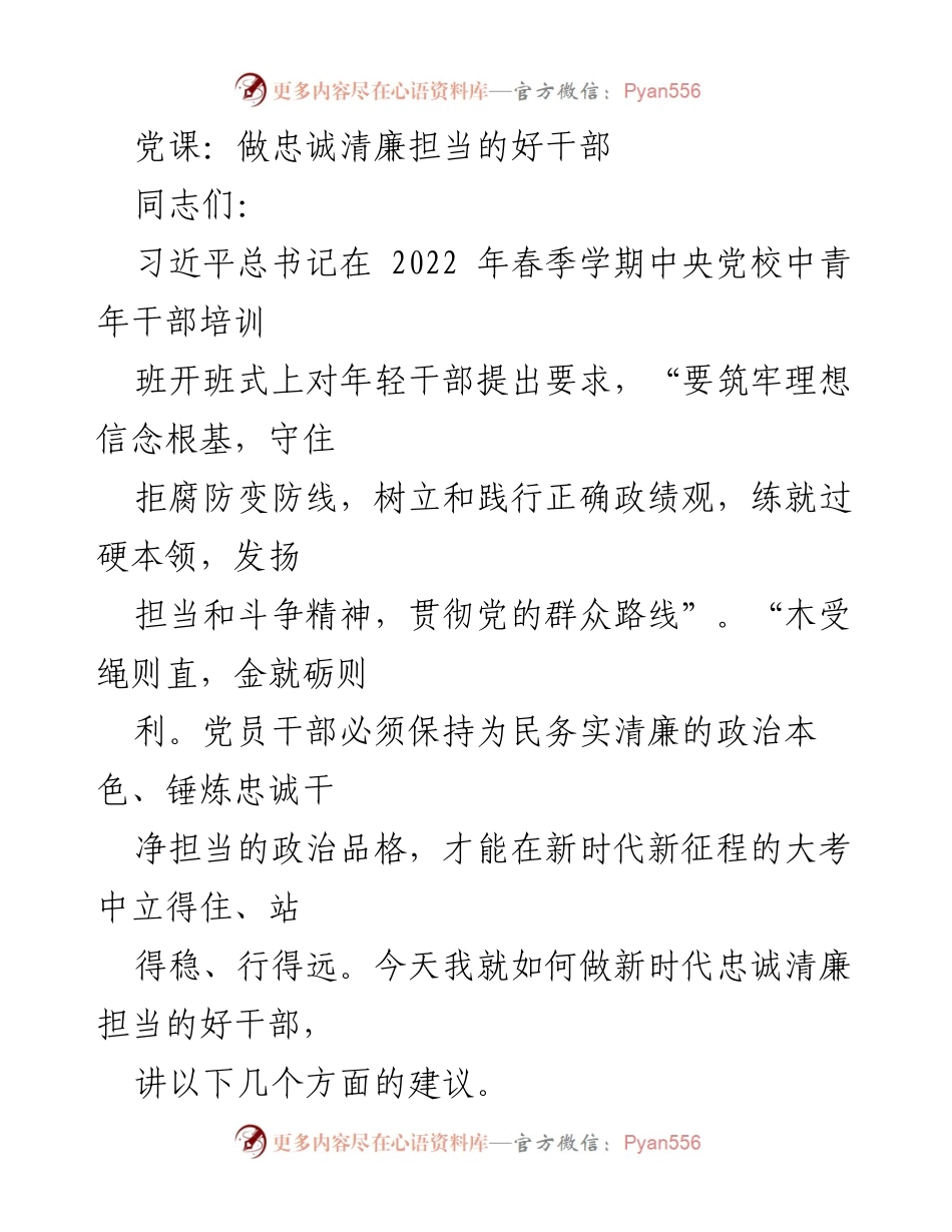 [发言] 党课 - 如何做新时代忠诚清廉担当的好干部.docx_第1页