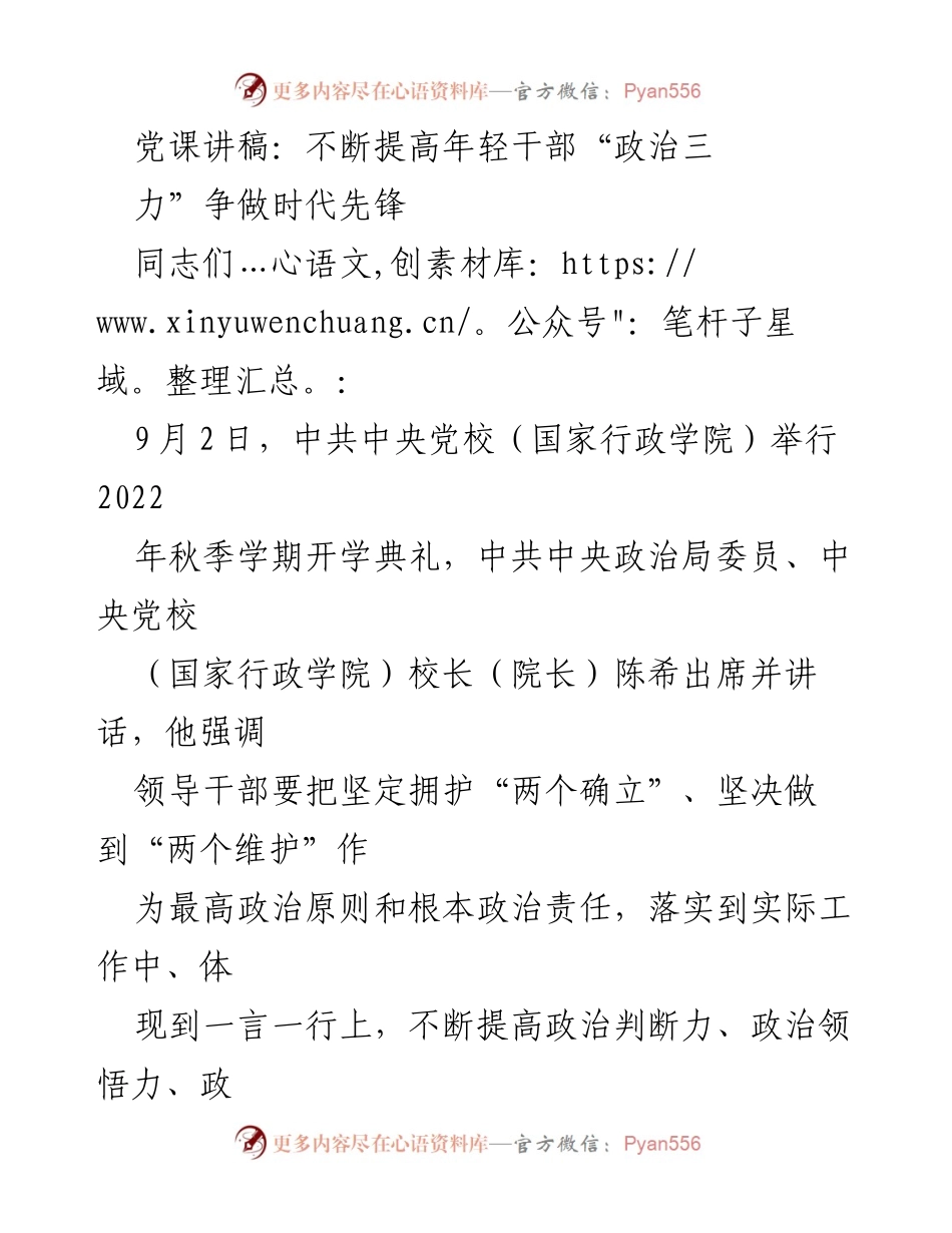 [发言] 党课 - 提高年轻干部“政治三力”，争做时代先锋.docx_第1页