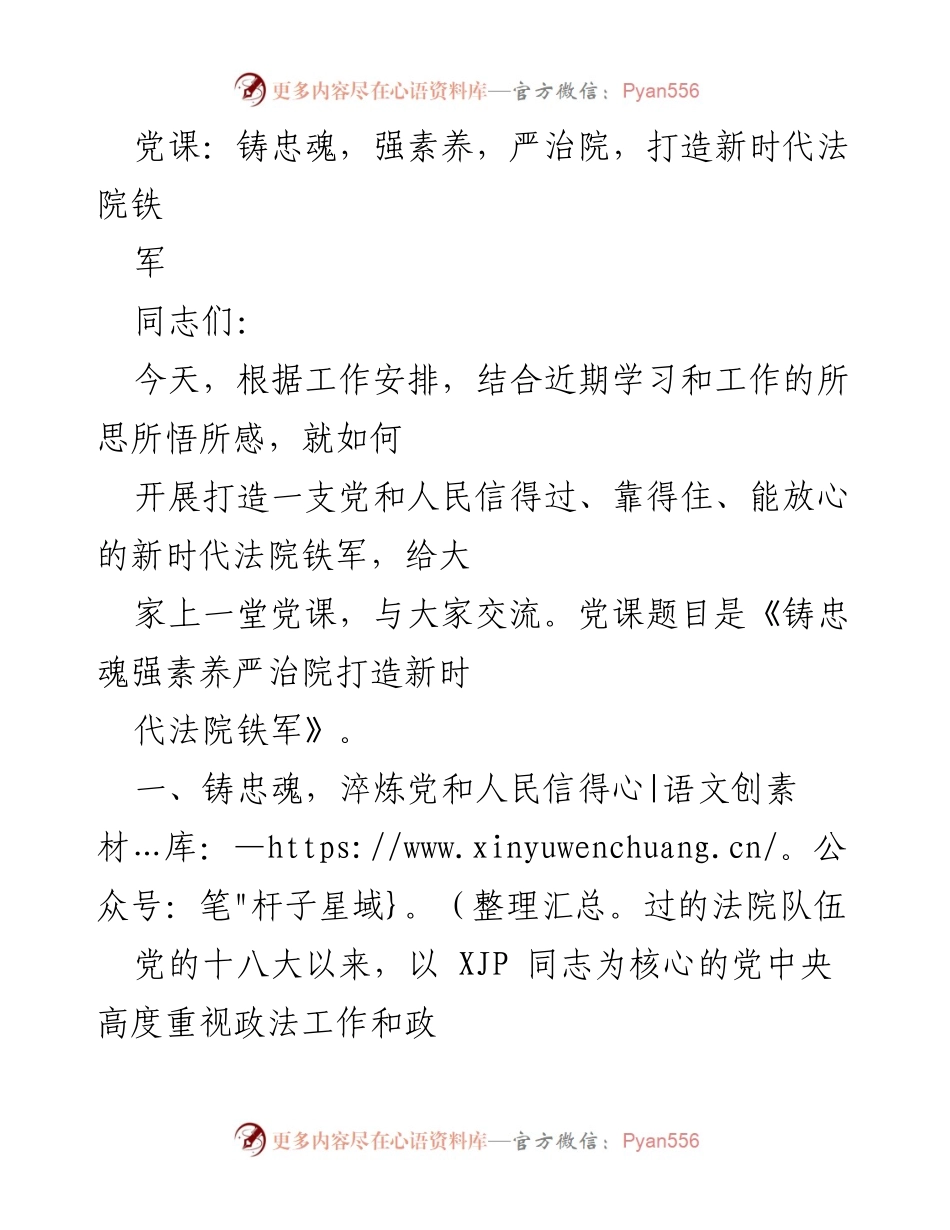 [发言] 党课 - 《铸忠魂、强素养、严治院：打造新时代法院铁军》.docx_第1页
