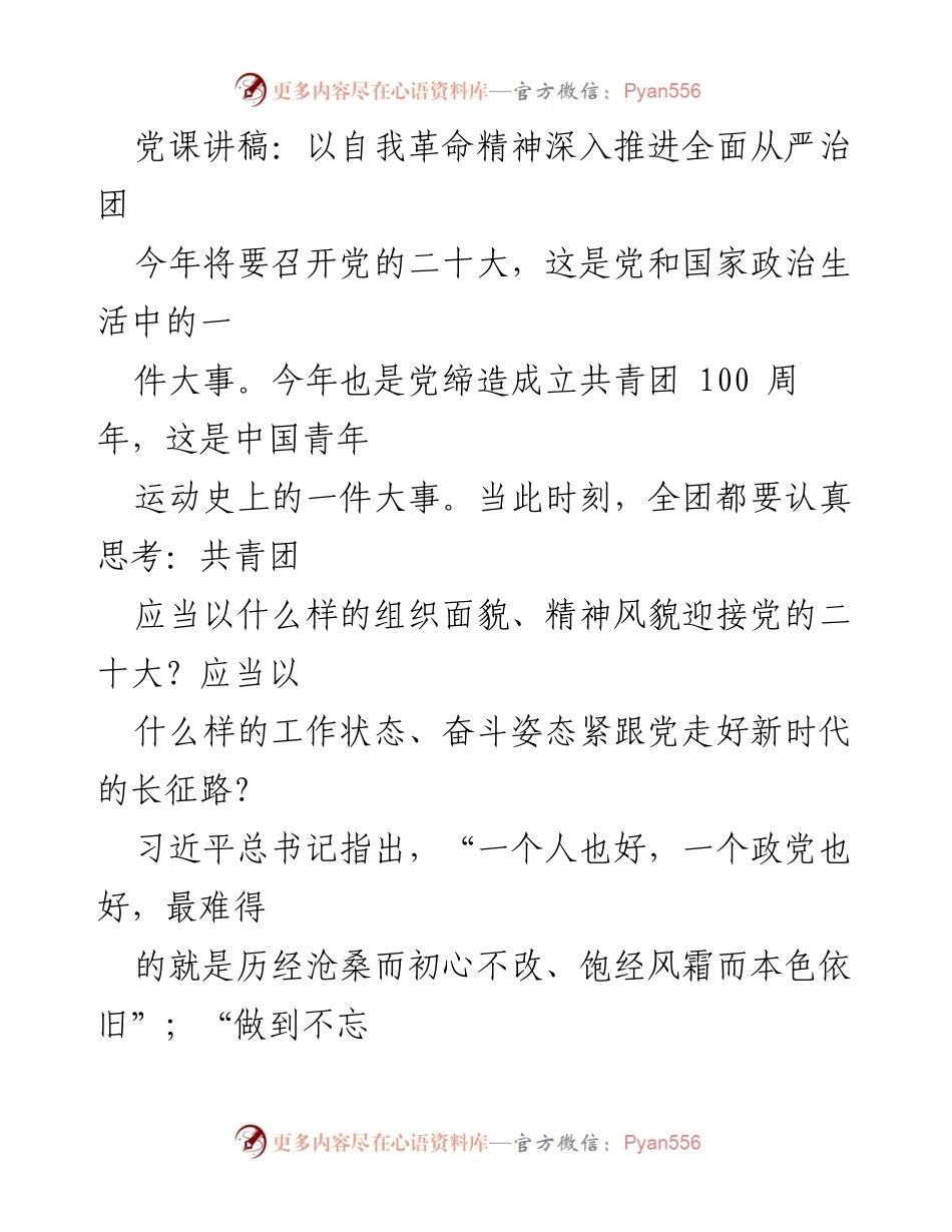 [发言] 党课 - 深入推进全面从严治团的自我革命精神.docx_第1页