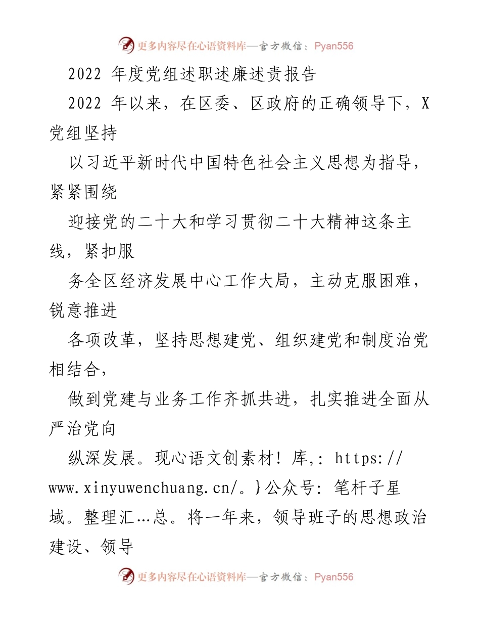 [发言] 党组年度总结 - 2022年度党组述职述廉述责报告.docx_第1页