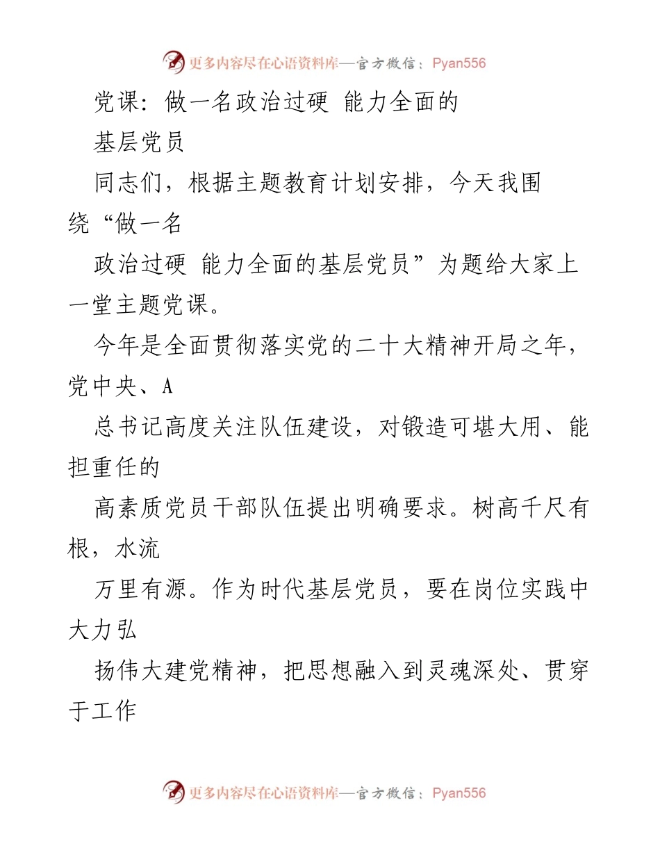[发言] 党课 - 做一名政治过硬、能力全面的基层党员.docx_第1页