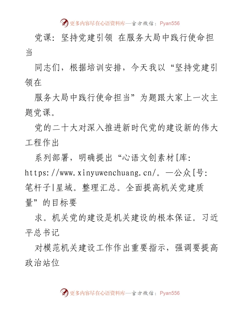 [发言] 党课 - 坚持党建引领，服务大局，践行使命担当.docx_第1页
