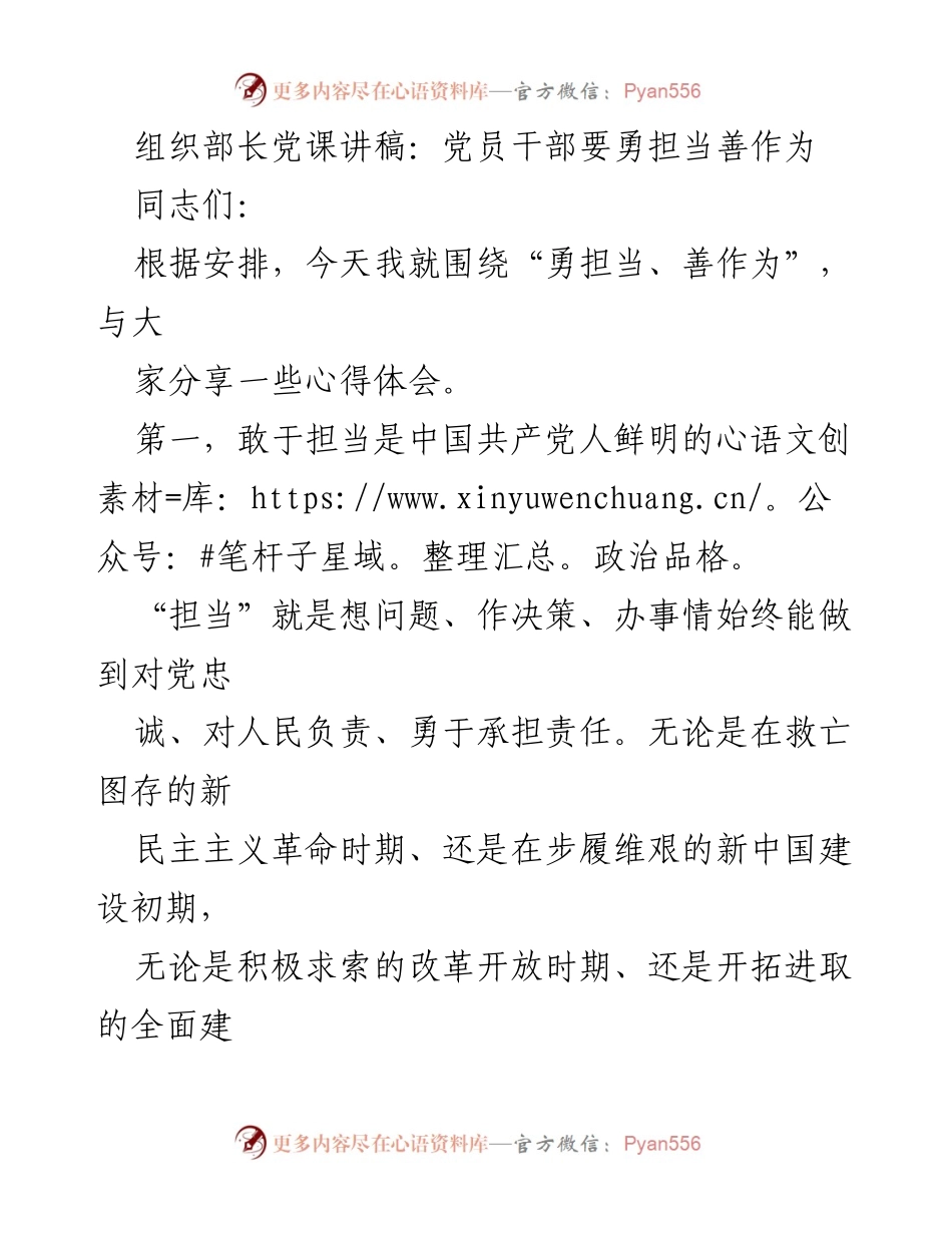 [发言] 党课 - 勇担当善作为：新时代党员干部的责任与使命.docx_第1页