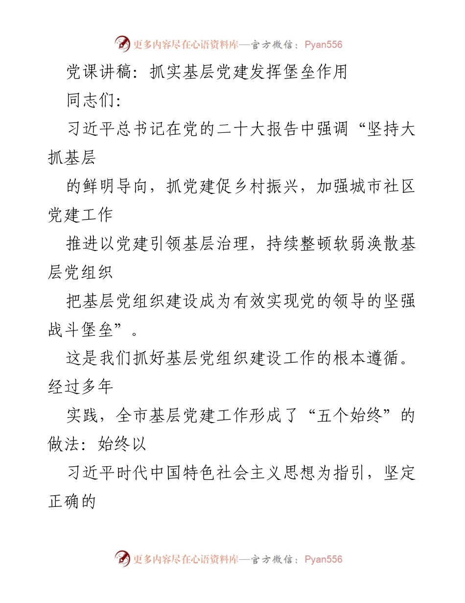 [发言] 党课 - 抓实基层党建，发挥堡垒作用_3.docx_第1页