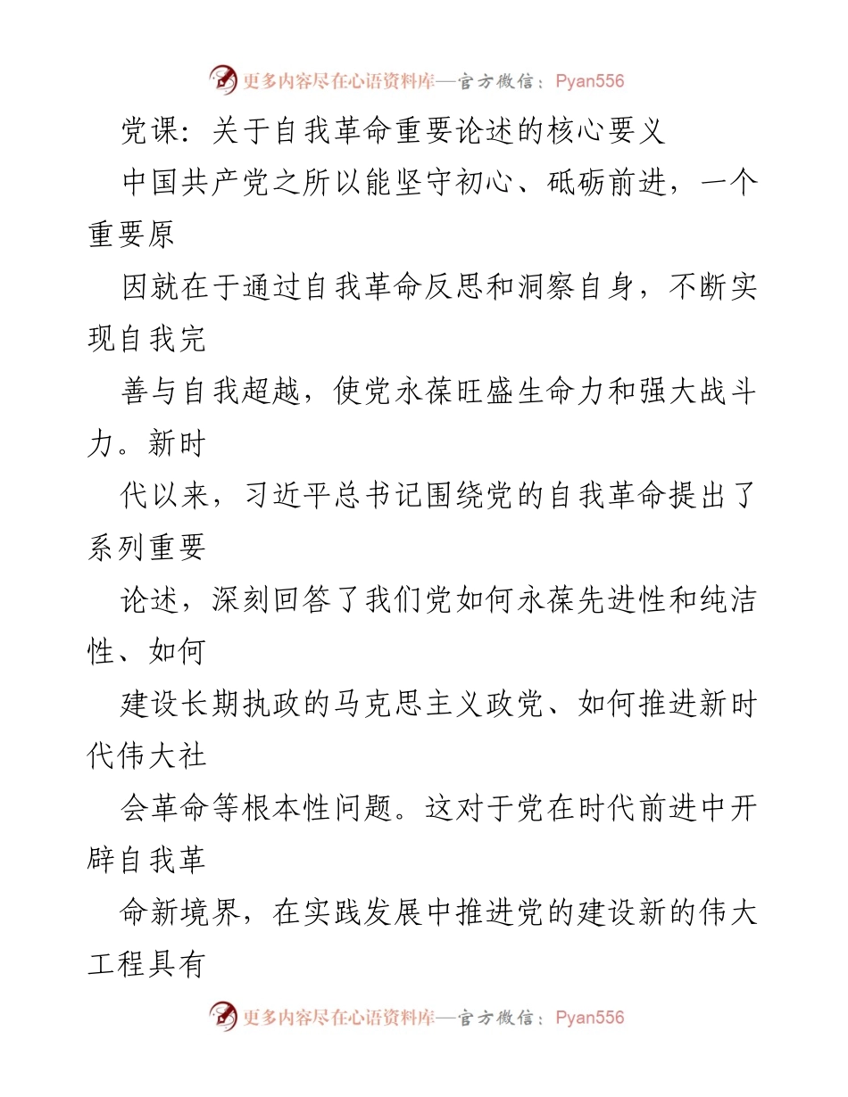 [发言] 党课 - 自我革命：新时代中国共产党坚守初心的核心要义.docx_第1页