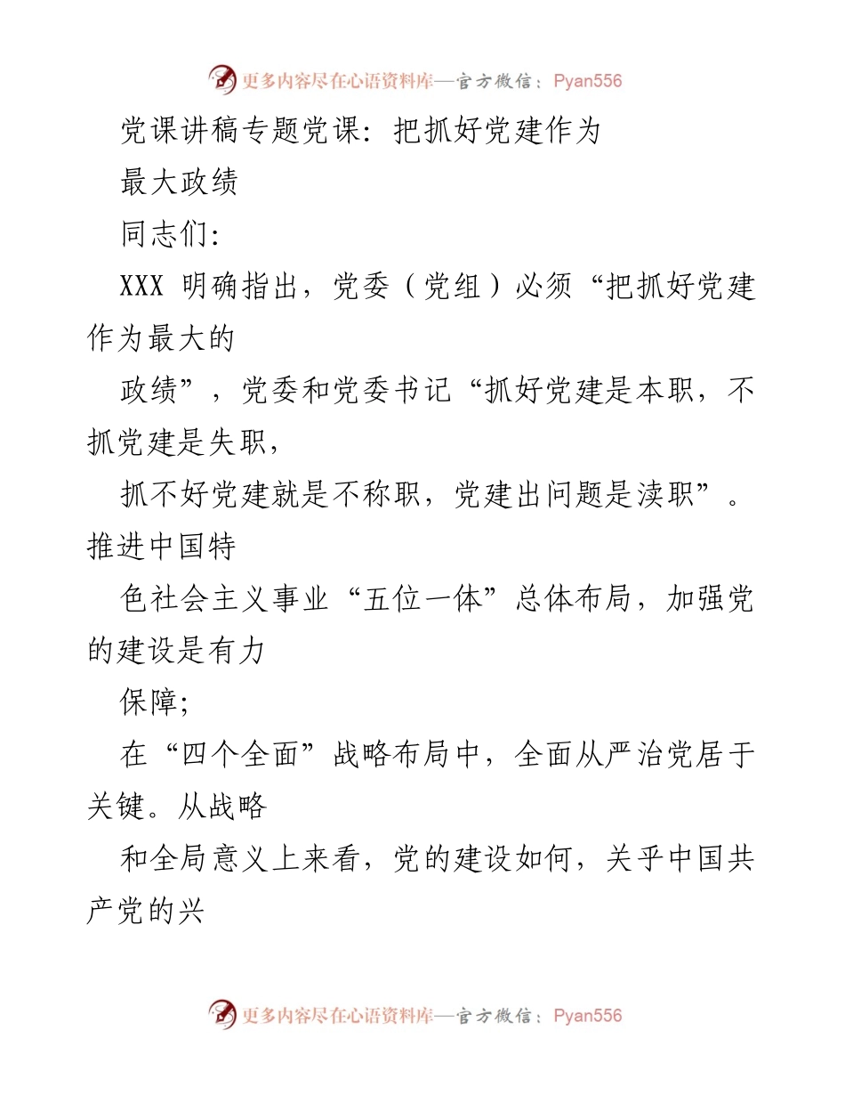 [发言] 党课 - 抓好党建作为最大的政绩.docx_第1页