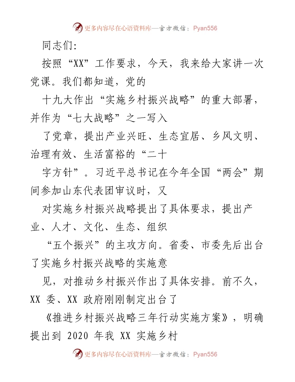 [发言] 党课 - 理解与实施乡村振兴战略的思考.docx_第1页