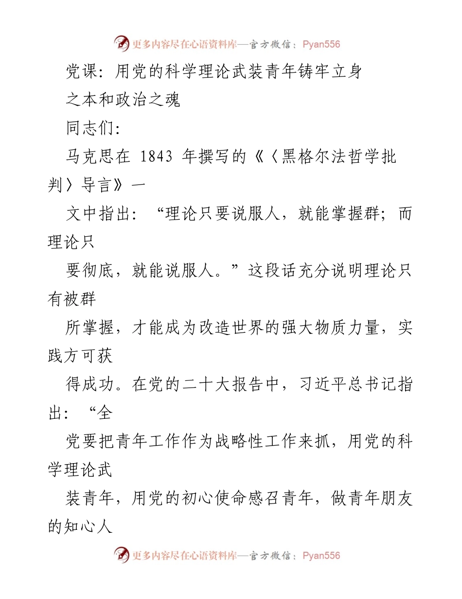 [发言] 党课 - 用党的科学理论引导青年坚定理想信念.docx_第1页