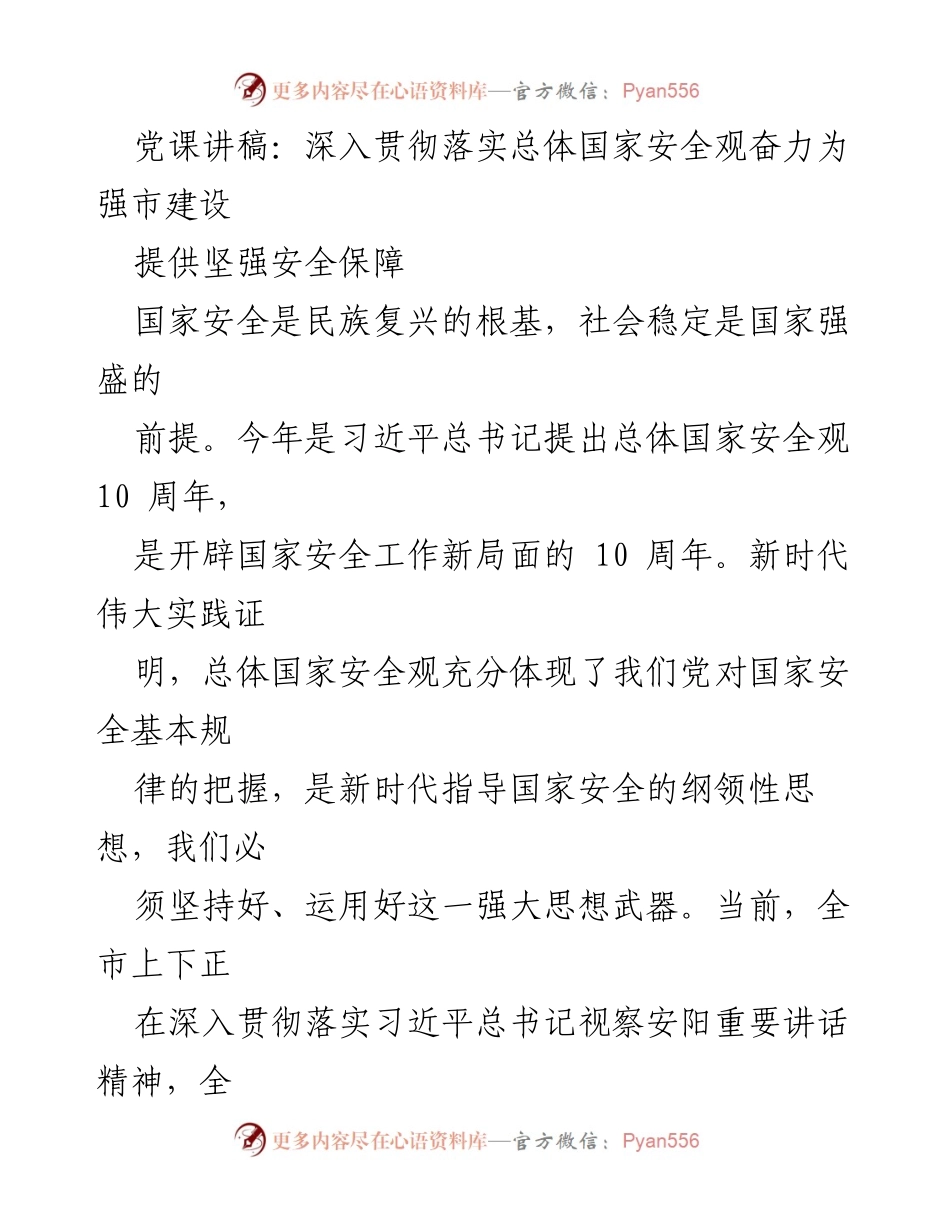 [发言] 党课 - 深入贯彻总体国家安全观，助力现代化强市建设.docx_第1页