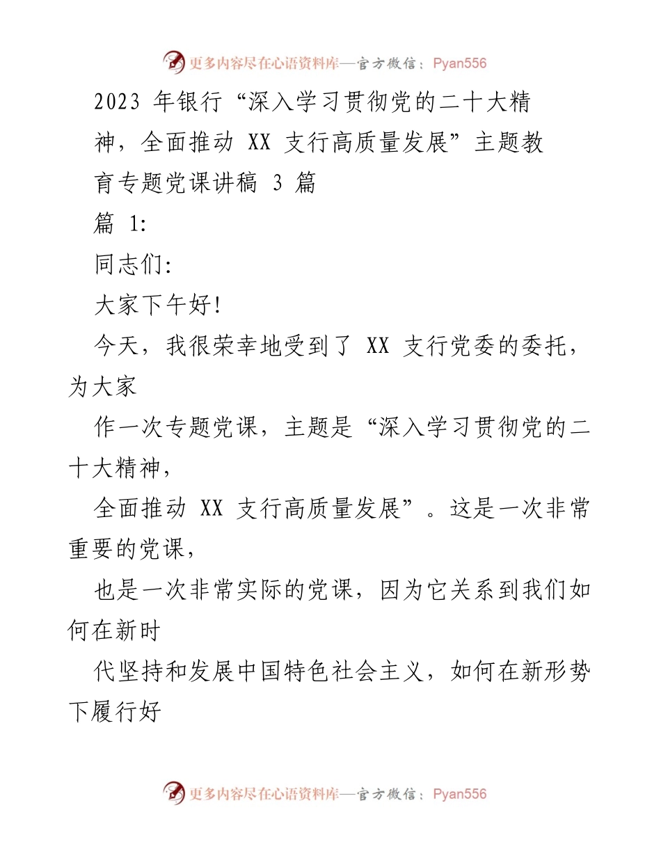 [发言] 党课 - 深入学习贯彻党的二十大精神，推动XX支行高质量发展.docx_第1页