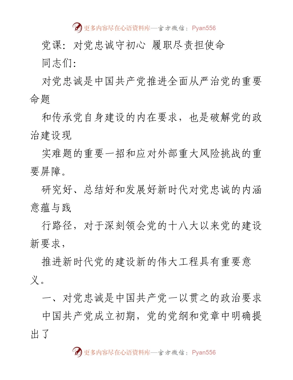 [发言] 党课 - 对党忠诚守初心，履职尽责担使命.docx_第1页