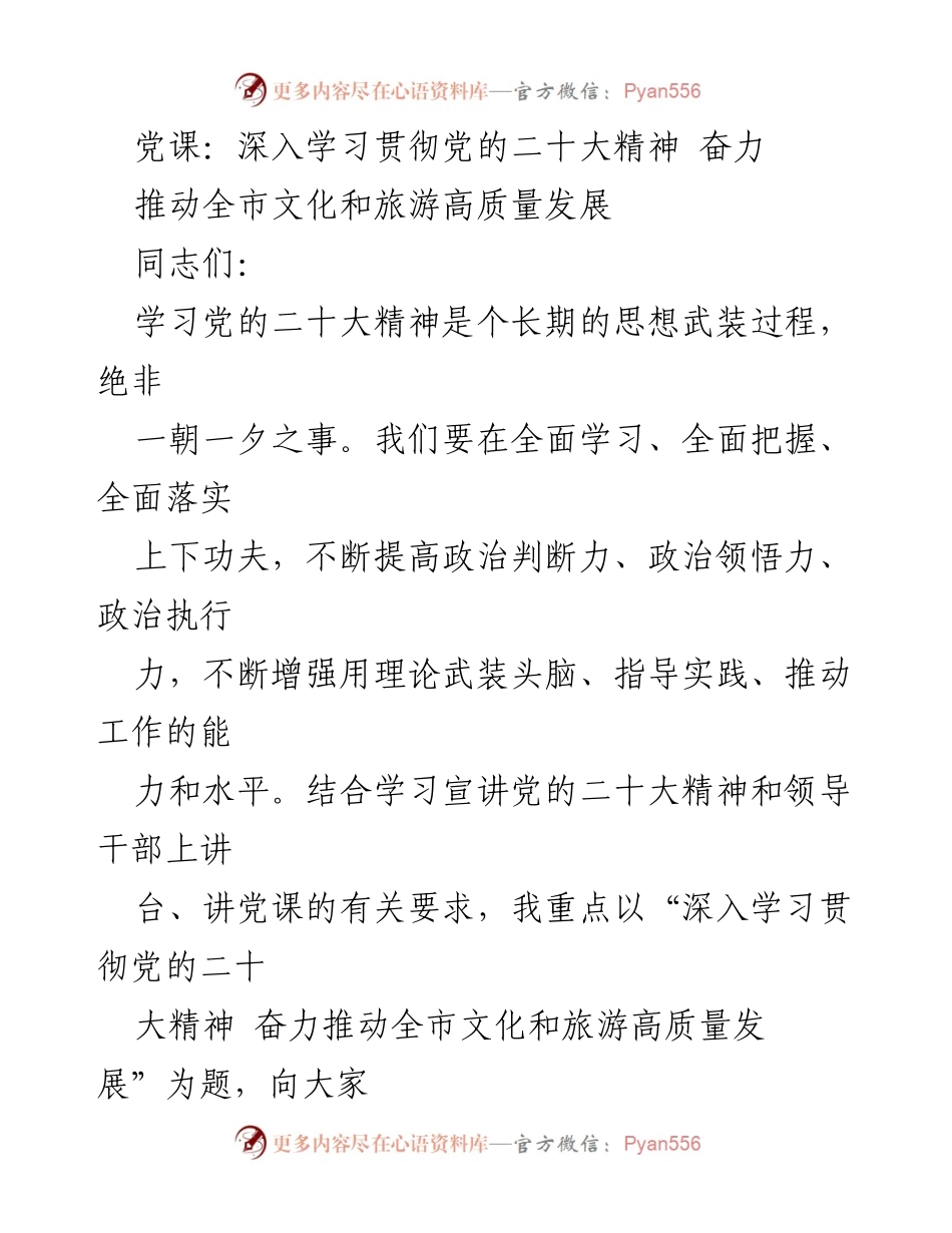 [发言] 党课 - 深入学习贯彻党的二十大精神，推动全市文化和旅游高质量发展.docx_第1页