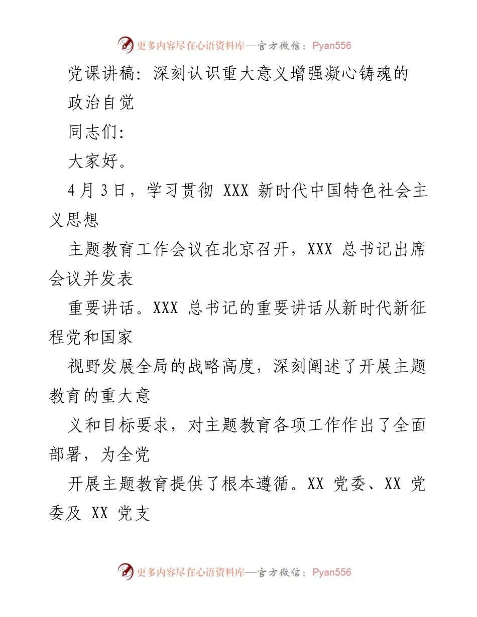 [发言] 党课 - 深刻认识主题教育的重大意义与政治自觉_1.docx_第1页