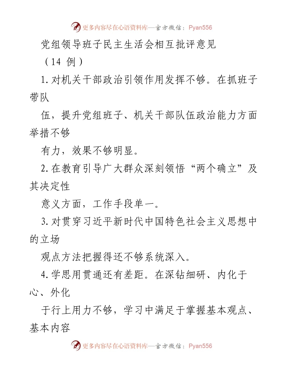 [发言] 党组领导班子民主生活会 - 党组班子民主生活会批评意见总结.docx_第1页